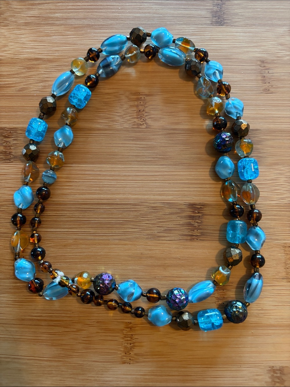 Long Vintage Blue and Brown Glass Beaded Necklace